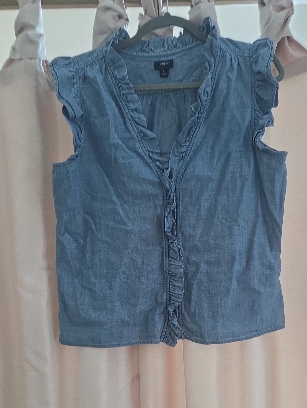 J. Crew Light Blue Chambray Ruffle Button-Front Sleeveless Top